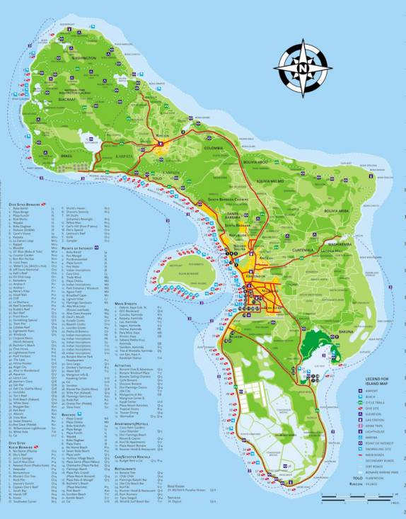 Mapa de Bonaire, mostrando todos os pontos de mergulho ao longo da costa